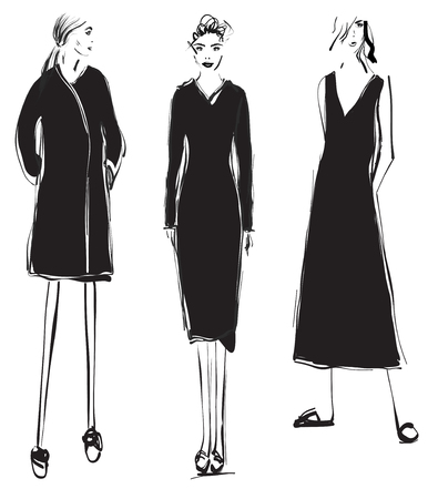 Fashion models sketch. Cartoon girl. Dressのイラスト素材