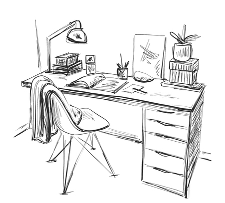 Table with a computer or workplace drawn by hand doodle style.のイラスト素材