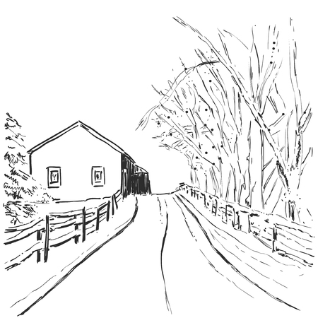 Graphic sketch of winter forest landscape with house and trees.のイラスト素材