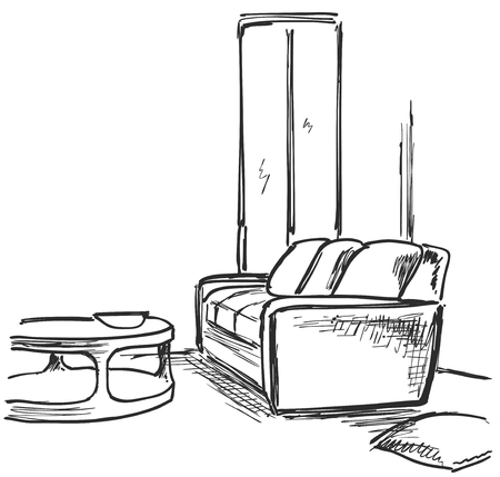 Hand drawn interior sketch. Comfortable sofa and blanketのイラスト素材