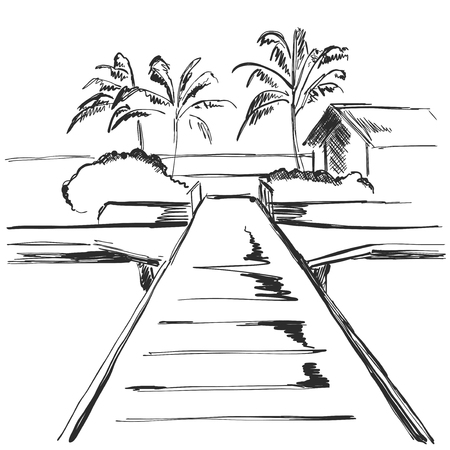 Beach resort area with traffic footpath. Landscape sketchのイラスト素材
