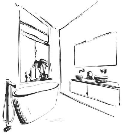 Hand drawn Bathroom interior sketch. Washbasin, mirror and tap sketchのイラスト素材