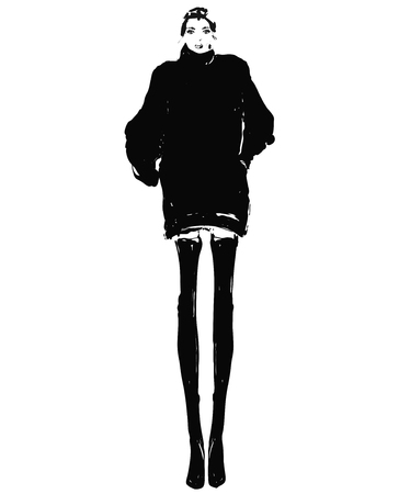 Beautiful young girl in the dress. Fashion model sketch drawing.のイラスト素材