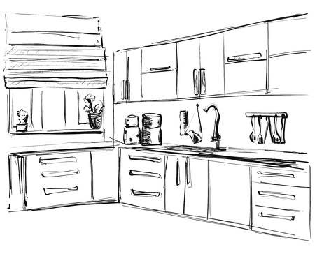Kitchen interior drawing, vector illustration. Furniture sketchの写真素材