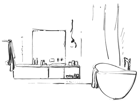 Hand drawn Bathroom. Mirror, washbasin and other furniture sketch Vector illustration.のイラスト素材