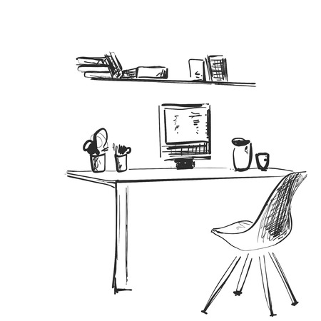 Table with a computer or workplace drawn by hand doodle style. Vector illustration.のイラスト素材