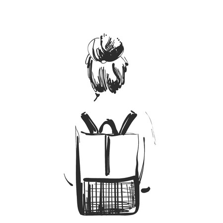 Fashion illustration of girl with a backpack that goes away. Vector graphics. Sketch styleのイラスト素材