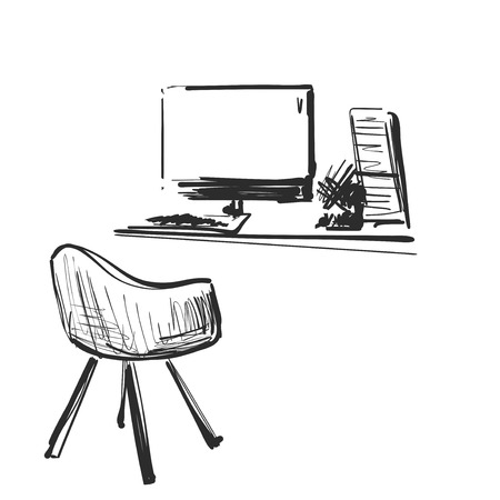 Table with a computer or workplace drawn by hand doodle style. Office furnitureのイラスト素材