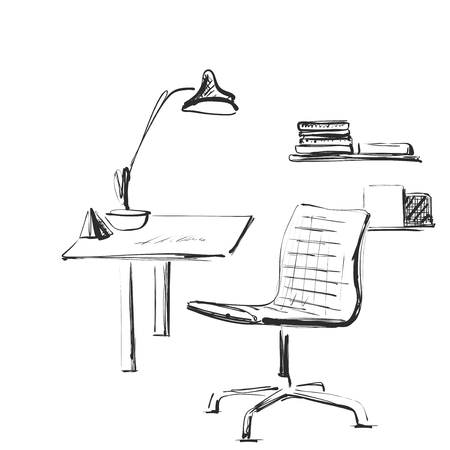 Workplace drawn by hand doodle style. Sketching. Office furnitureのイラスト素材