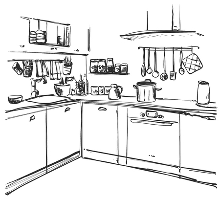 Kitchen interior drawing, vector illustration. Furniture sketchのイラスト素材