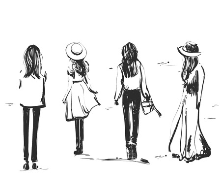 Girls on a stroll. People are walking. Sketchのイラスト素材