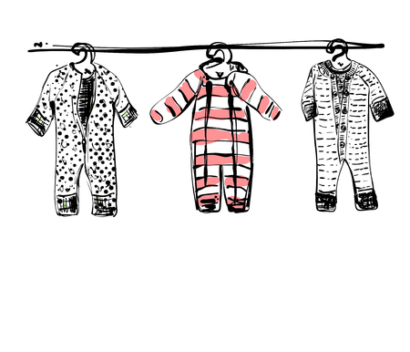 Baby clothes on clothesline. Hand drawn illustration. Newborn wardrobe sketchのイラスト素材
