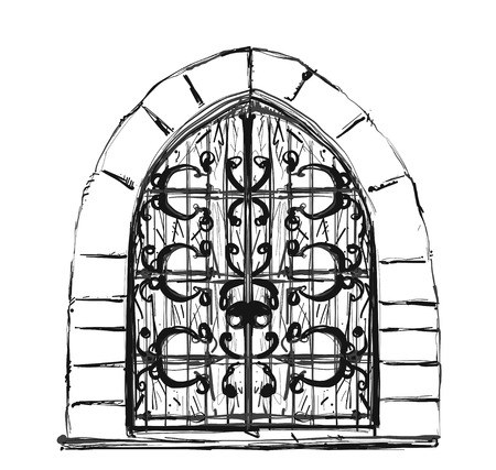 Outlined pair of open doors surrounded by ornate architecture design. Ancient gatewayのイラスト素材