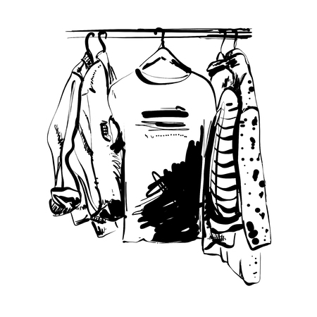 Hand drawn wardrobe sketch. Clothes on the hungerのイラスト素材
