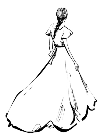 Romantic Braided Hairstyles. Girl in long dress. Sketchのイラスト素材