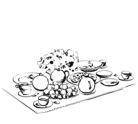 Hand Drawn wares sketch. Romantic dinner for twoのイラスト素材