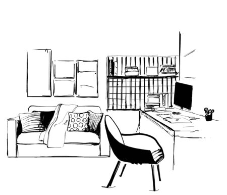 Hand drawn workplace. Furniture sketch. Office at homeのイラスト素材