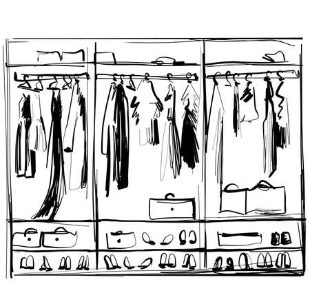 Hand drawn wardrobe sketch. Clothes on hangerのイラスト素材