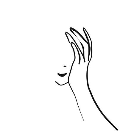 Vector logo with woman face and hand. Hand drawing illustration. Thinksのイラスト素材