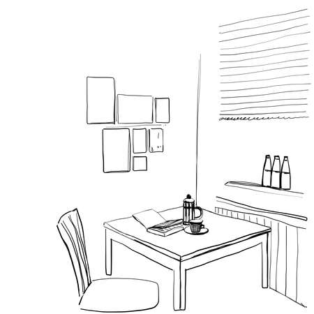 Interior sketch of modern kitchen. Table and chairのイラスト素材
