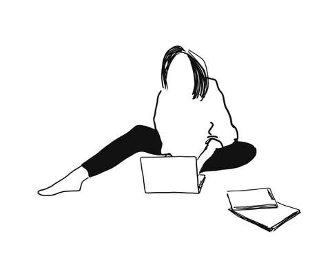 Girl with laptop one continuous line drawing. Sitting woman surfing internet web, online shopping, or working.のイラスト素材