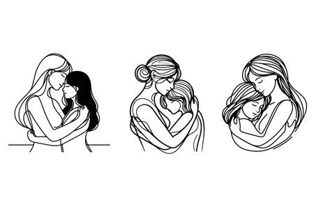 Line drawing of mother is hugging her daughter. Black and drawnのイラスト素材