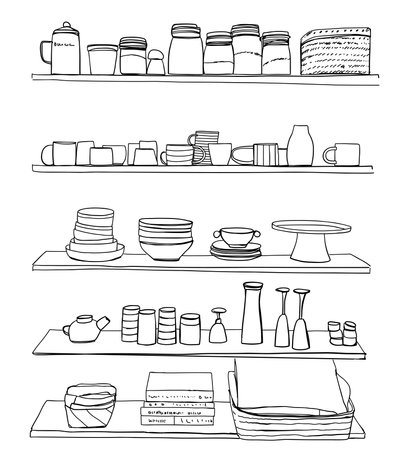Kitchen utensils on shelves, sketch drawingのイラスト素材