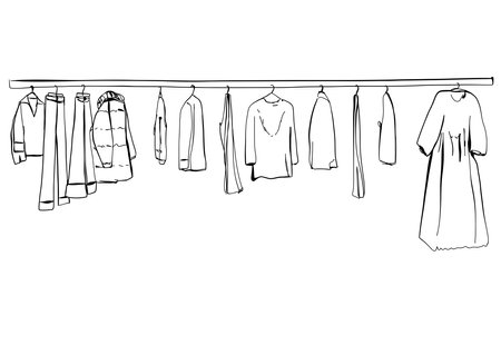 Hand drawn wardrobe sketch. Clothes on the hangers.のイラスト素材