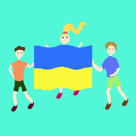 Vector illustration of children holding the Ukrainian flag.のイラスト素材