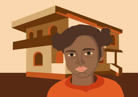 Vector illustration of a dark-skinned girl on a background of the house.のイラスト素材