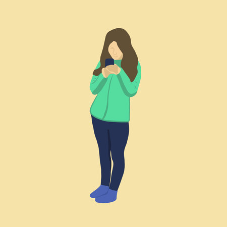 Vector illustration of a girl looking at a smartphone.