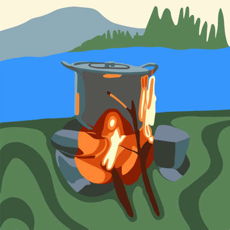 Cooking food on a campfire while camping.のイラスト素材