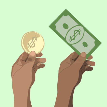 A hand holds a dollar and a coin. The concept of human savings.