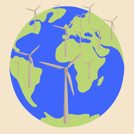 Vector isolated illustration of planet with windmills. The concept of energy conservation.のイラスト素材
