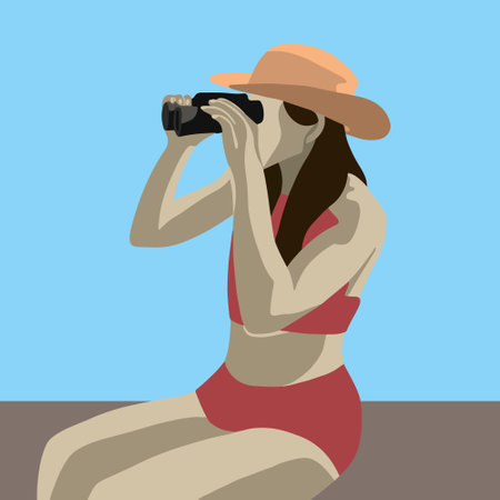 Vector isolated illustration of a white girl looking through binoculars.のイラスト素材
