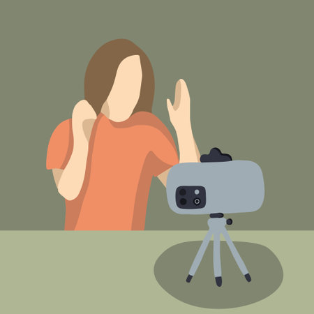 Vector isolated illustration of blogger girl recording video.のイラスト素材