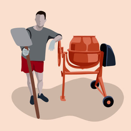 Vector isolated illustration of a man with a concrete mixer.のイラスト素材