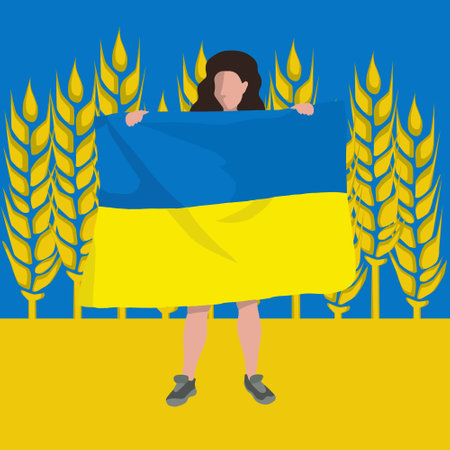Vector isolated illustration of a girl holding a Ukrainian flag.のイラスト素材