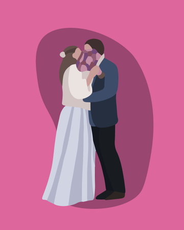 Vector isolated illustration of wedding ceremony. A couple at a wedding kiss while covering themselves with a bouquet.のイラスト素材