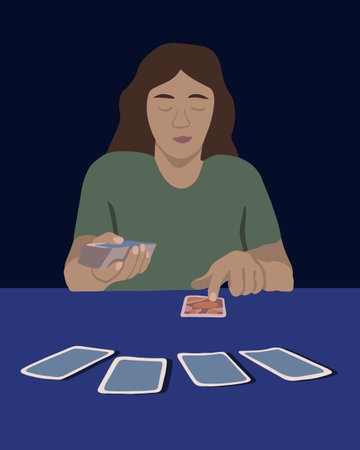 Vector isolated illustration of young woman fortune telling on tarot cards. Prediction of the future. Tarot online.のイラスト素材