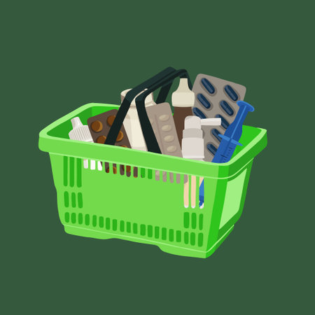 Vector isolated illustration of medicine basket. Shopping at the pharmacy. Discounts on pills and medicines.のイラスト素材