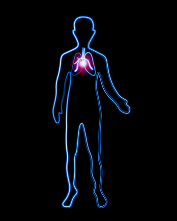 Vector isolated illustration of a person with lung disease. Pneumonia. Neon outline drawing of a...