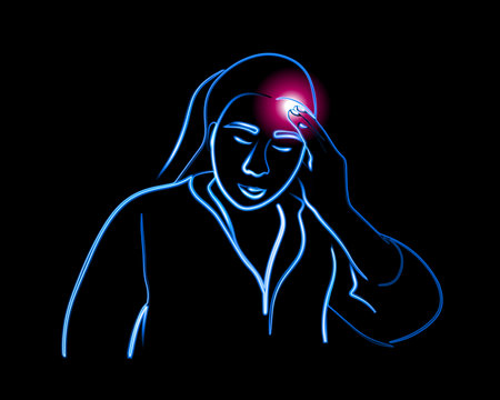 Vector isolated illustration of a girl with a headache. Neon contour drawing of a girl clutching her head. migraine.のイラスト素材