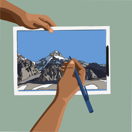 Vector illustration of drawing process. A man draws a mountain landscape. Studying at an art school. Illustrator's work. drawing lessons.のイラスト素材