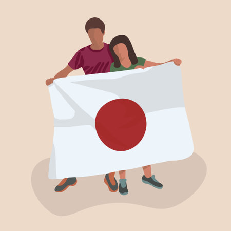 Vector isolated illustration of woman and man holding flag of Japan. Japanese flag is held by people. Boy and girl show patriotism.のイラスト素材