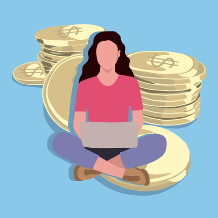 Vector isolated illustration of earning money on the internet. Earnings of a freelancer. A girl with a laptop sits on coins. Financial success.のイラスト素材