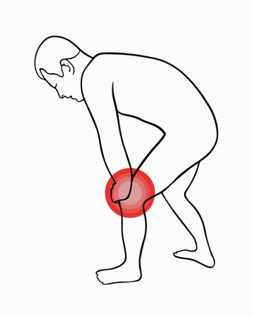 Vector isolated illustration of knee pain. Outline drawing of a man holding his knee. Symptoms of rheumatism.のイラスト素材
