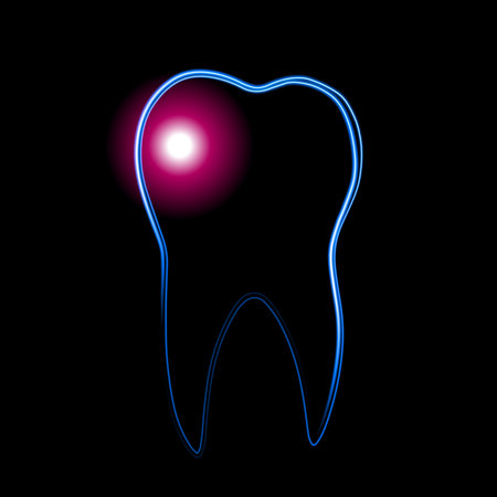 Vector isolated illustration of toothache. Outline drawing of a tooth with a neon effect. Dentist icon.のイラスト素材