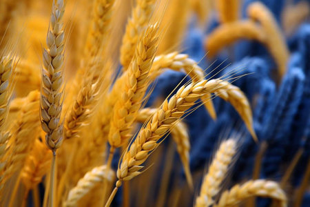 Export of Ukrainian grain. Grain crisis. Ears of wheat in blue and yellow colors. Generative AI.の素材