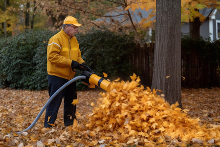 A man in a yellow jacket and a cap cleans fallen leaves from the ground.の素材